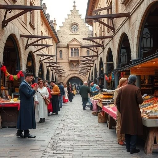 A majestic, low-angle shot looking up at an intricately carved wooden archway or a grand stone doorway, reminiscent of a medieval guild hall or market entrance. The archway opens into a soft, inviting glow of light, hinting at what lies beyond. Focus on the architectural details, the play of light and shadow, and the sense of awe and invitation. The craftsmanship of the arch itself should be highly detailed. No people. Dark, atmospheric, chiaroscuro lighting, epic fantasy art style, sense of mystery and welcome.